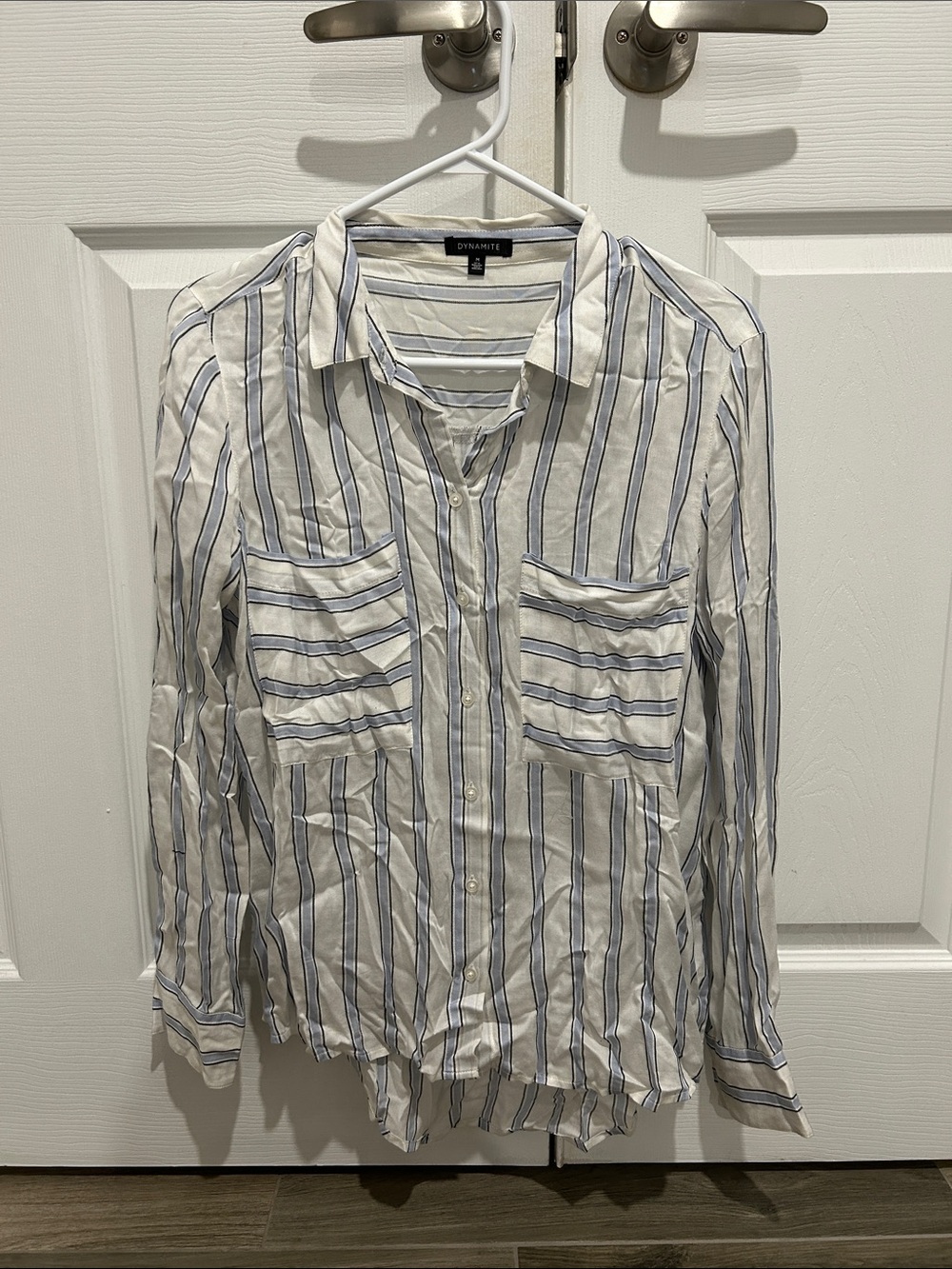 Dynamite White Shirt with Blue Vertical Stripes
